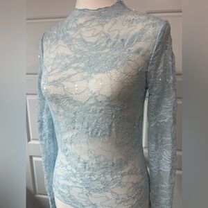 Lace Top Long Sleeve Mock Neck Sheer‎ Sexy Party Blouse Size Small